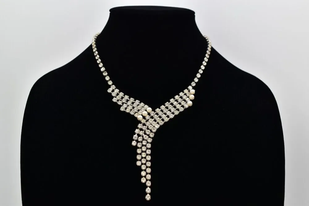 Vintage Crystal Collar Choker Necklace Pearl Silver Chunky Glam 1980s BinBJ